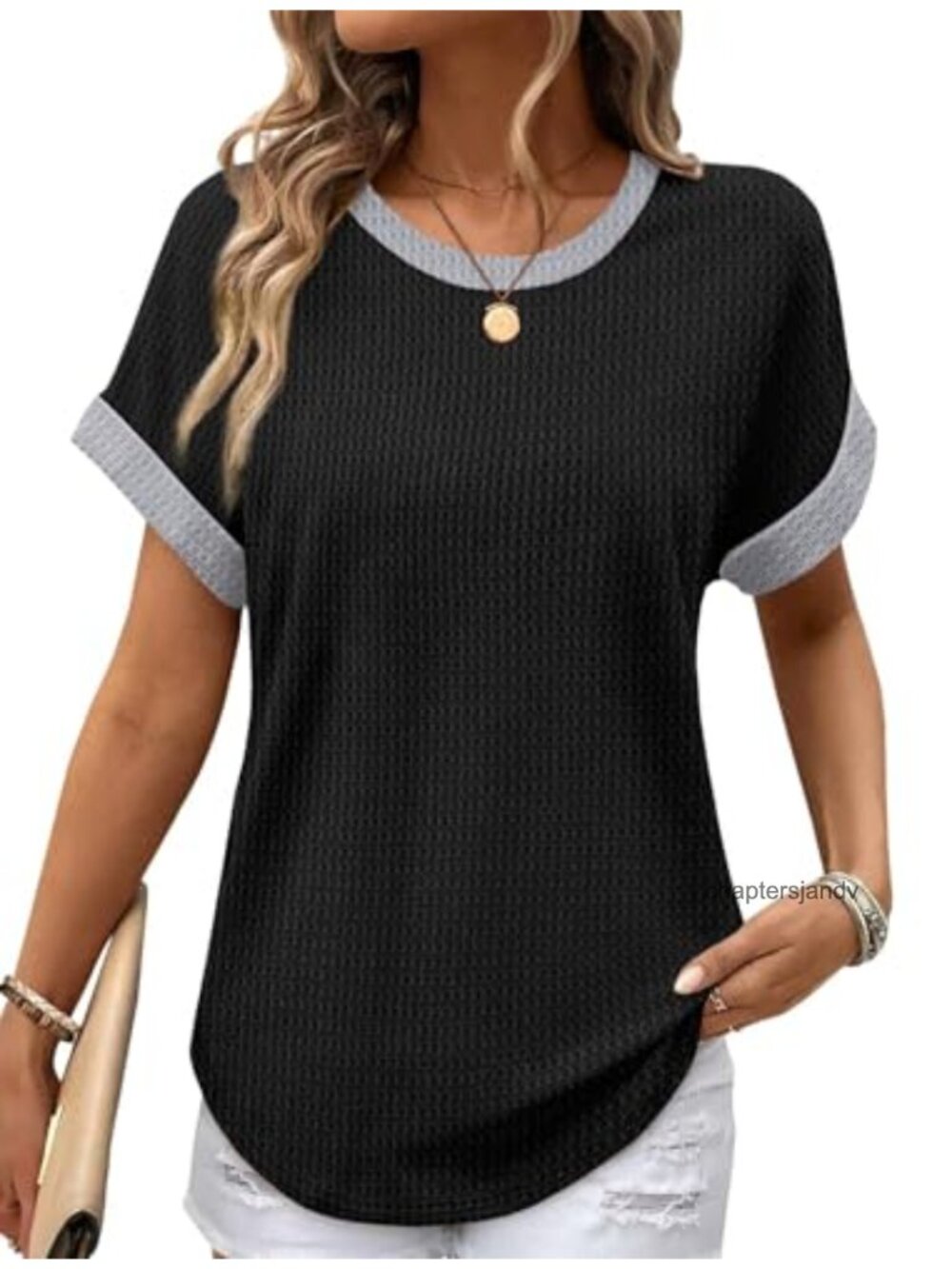 Waffle Knit Short Sleeve Top Rolled Cuff Curved Hem Tunic Tee